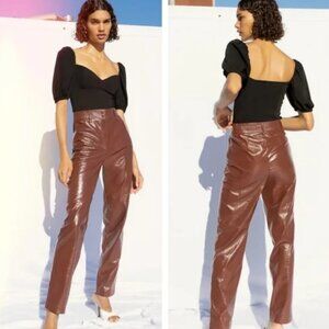 Aritzia Black Puff-Sleeve Top with Brown Leather-Look Straight Leg Pants